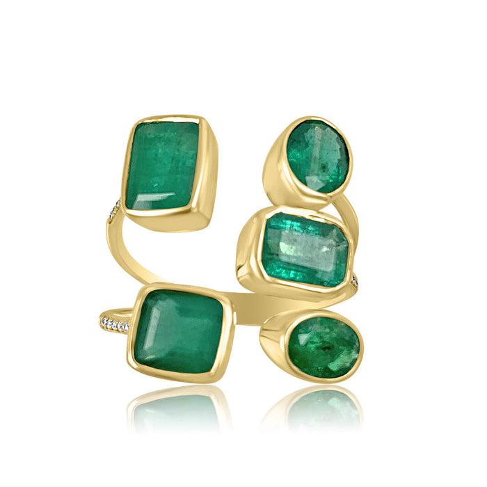 14K Yellow Gold Bezel Emerald & Diamond Open Geometrics Ring  Diamond: 0.01 ct Emerald: 3.21 ct 14K Yellow Gold weight: 3.25 grams