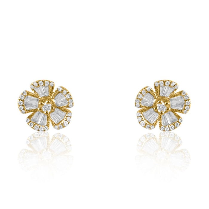 Flower Studs with Baguette Diamond Earrings.  14K Yellow Gold: 1.50 grams 52 Diamonds: 0.14 ct 20 Baguette Diamonds: 0.23 ct