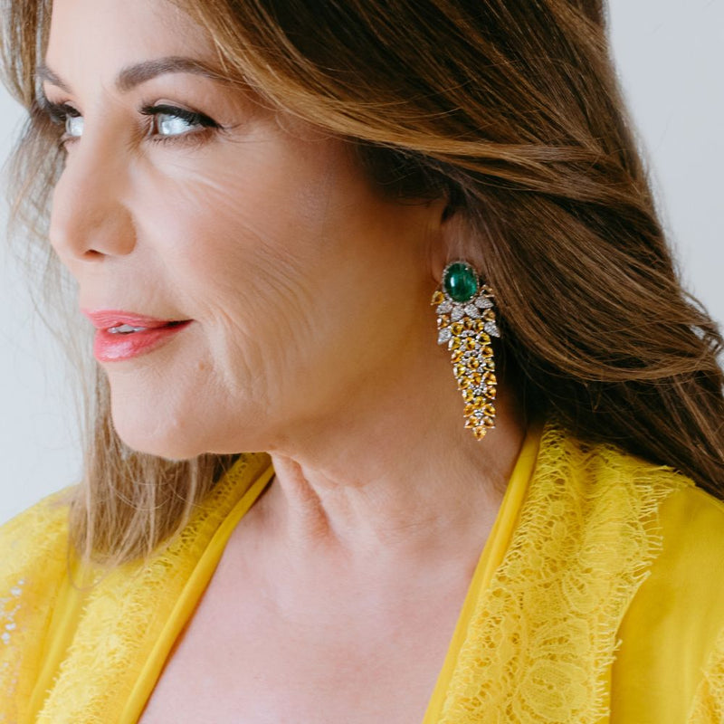 Emerald & Yellow Sapphire with Diamond Long Earrings  ﻿This pair of earrings are perfect for special occasions, this design gives the piece a feminine touch.