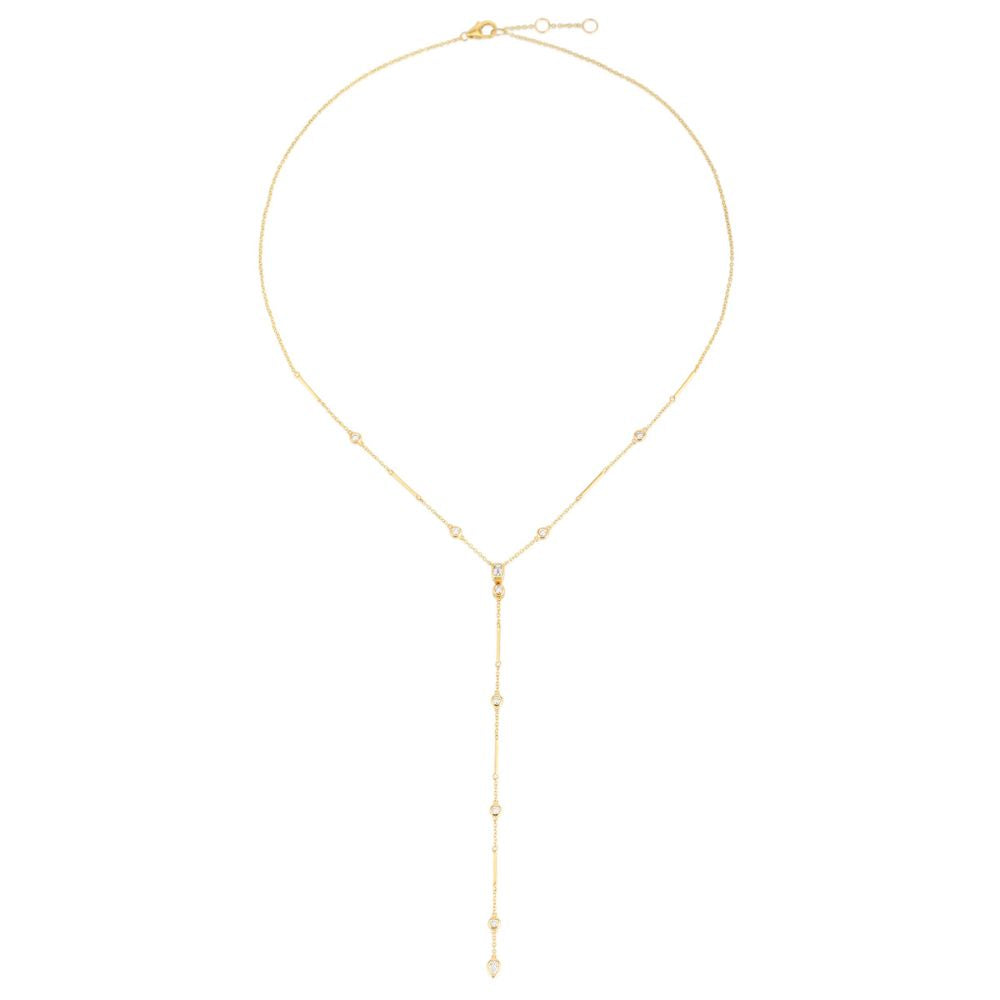 Lariat & Untie Diamond Necklace. 14K Yellow Gold weight: 6.65 grams Diamond: 0.36 ct Diamond: 0.26 ct