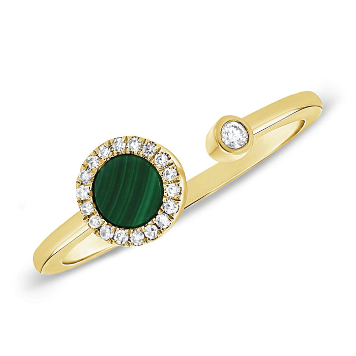 Malachite Diamond Circle with 14K Yellow Gold Rings.  14K Yellow Gold weight: 1.70 grams 1 Malachite: 5.00 ct 1 Diamond: 0.02 ct 18 SC: 0.06 ct