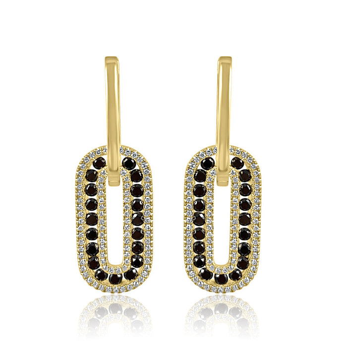 Rectangle Hoop with Black White Diamond Earring: 14K Yellow Gold weight: 6.64 grams 172 White Diamonds: 0.46 ct 38 Black Diamonds: 1.36 ct Gold Post