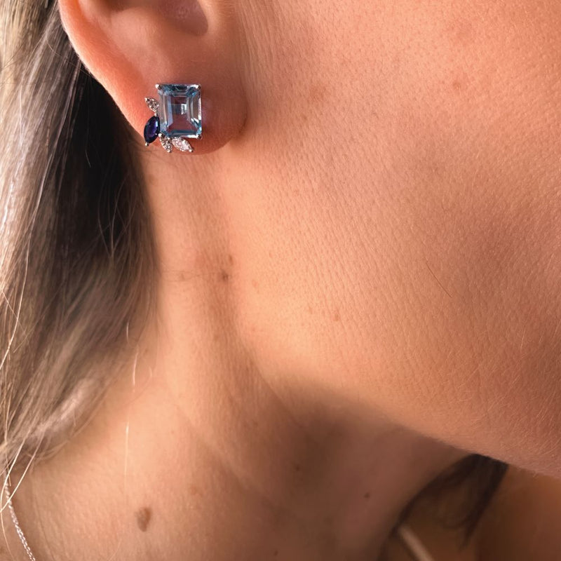 Sky Blue Topaz & Diamond Leaf Stud Earrings with 18K White Gold. Carefully curated into the Everyday Designs. 