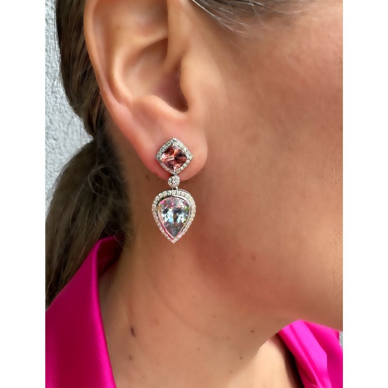 Aretes de aguamarina en forma de lágrima y turmalina rosa con diamantes