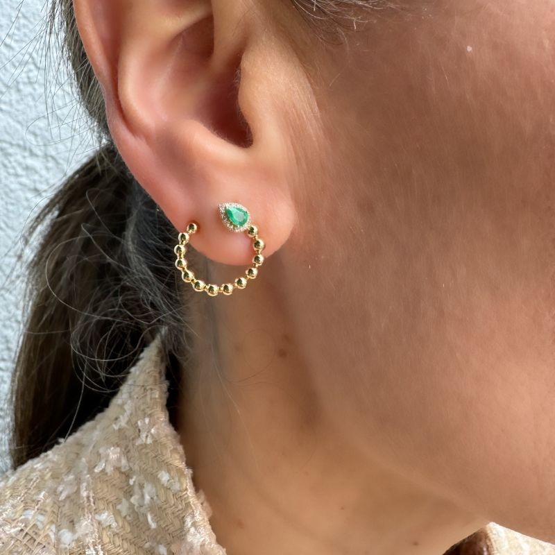 14K Yellow Gold Bead with Emerald Drop & Diamond Hoop Earrings - Adriana Fine Jewelry