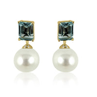 Pearl & Sky Blue Topaz with Diamond 14K Yellow Gold Earrings