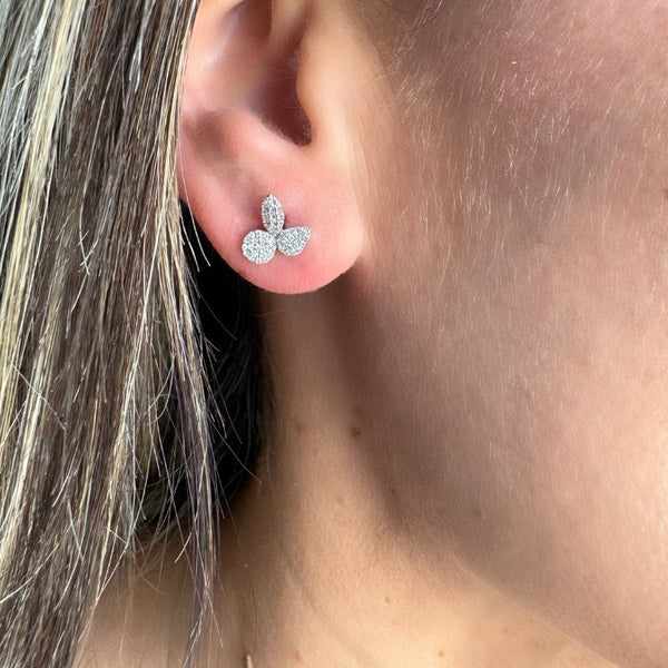 14K White Gold Diamond 3 Leaf Stud Earrings