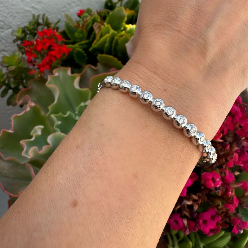 14K White Gold Beads with Diamonds Bangle Bracelets