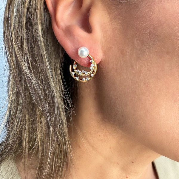 14K Yellow Gold with Diamonds & Pearls Circle Hoop Earrings