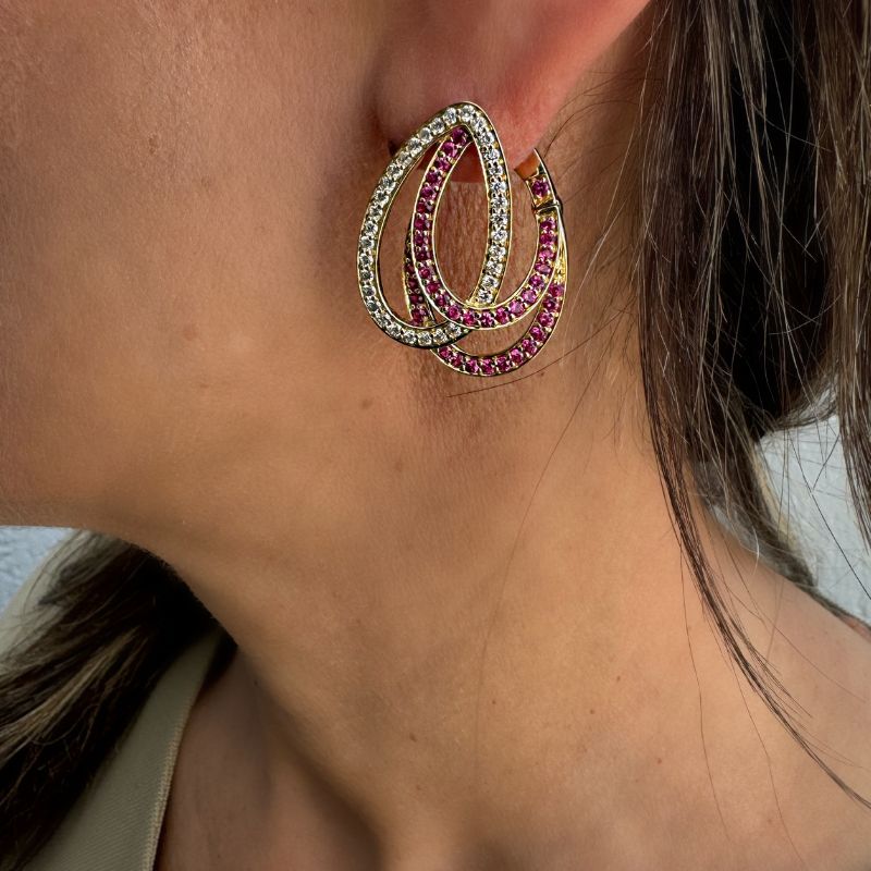 14K Yellow Gold with Ruby & Diamond Loop Earrings