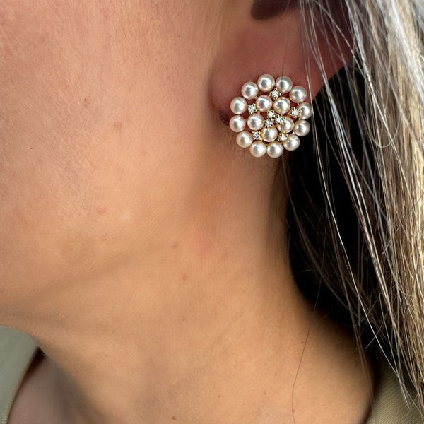 14K Yellow Gold Diamonds & Pearls Circle Earrings