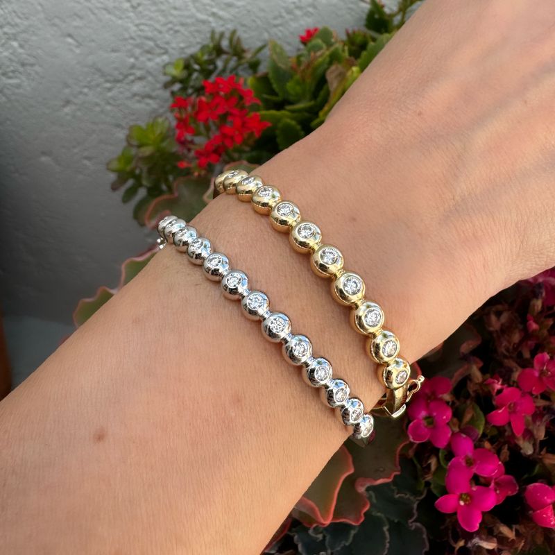 14K White Gold Beads with Diamonds Bangle Bracelets