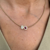 Drop Ruby & Baguette Pendant with 14K Yellow Gold Bead Necklaces