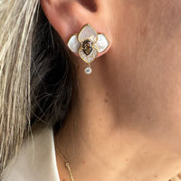 Mother of Pearl, Smokey Topaz & Diamond Lotus Earrings