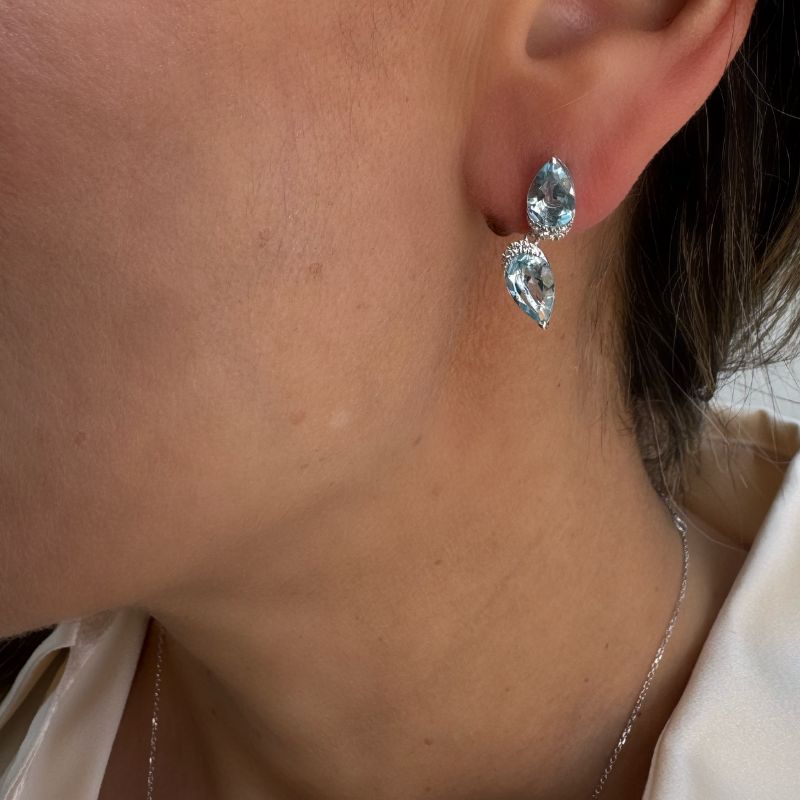 Sky Blue Topaz & Diamond Double Drop Stud  Earrings