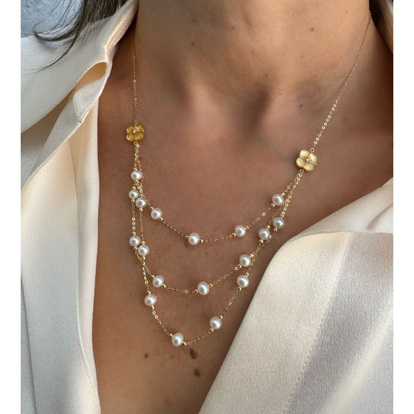 Yelow Mother of Pearl Clover & Pearls on 14K Yellow Gold Necklaces