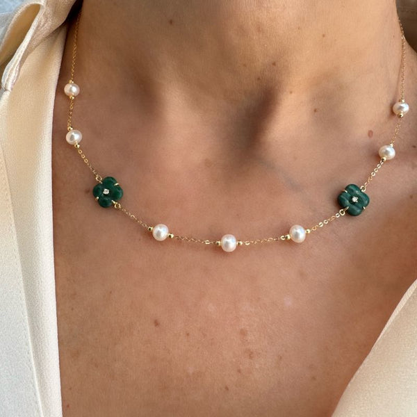 Malachite Clover & Pearl on 14K Yellow Gold Necklaces