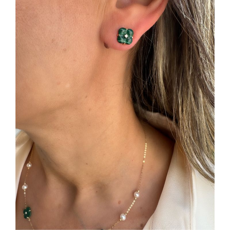 Malachite Clover & Diamond Stud Earrings