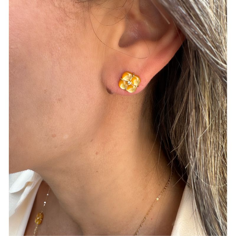 Yellow Mother of Pearl Clover & Diamond Stud Earrings