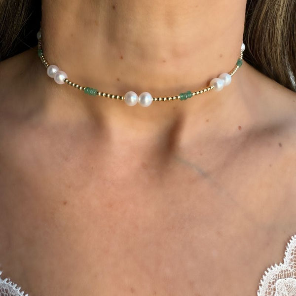 Pearl & Emerald Choker with 14K Yellow Gold Necklaces