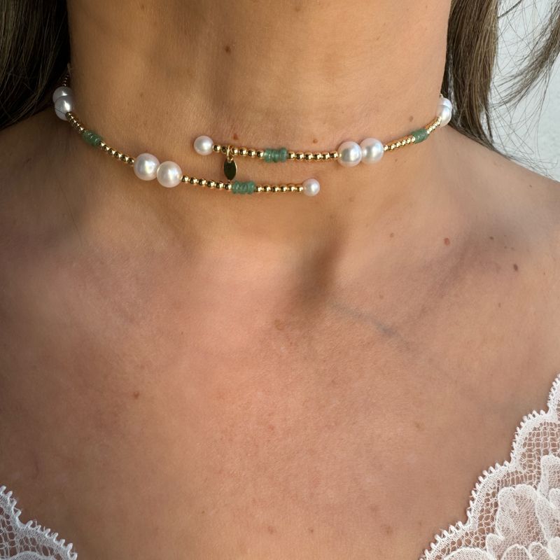 Pearl & Emerald Choker with 14K Yellow Gold Necklaces