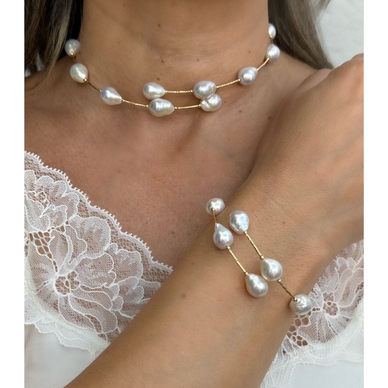 Baroque Pearl Choker with 14K Yellow Gold Beads Necklaces