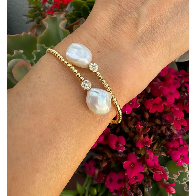 Two Baroque Pearls & Diamond Cuff with 14K Yellow Gold Bracelets