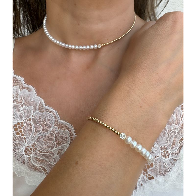 Pearl Half Line & Diamond Cuff in 14K Yellow Gold Bead Bracelets