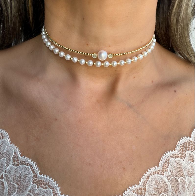 Pearl Double Line Choker with 14K Yellow Gold Necklaces