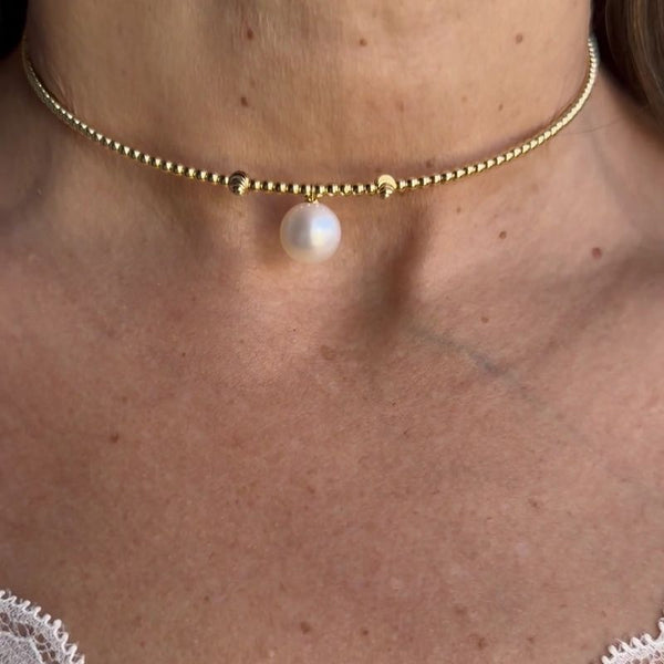 14K Yellow Gold Beads with a Single Pearl Choker Necklaces