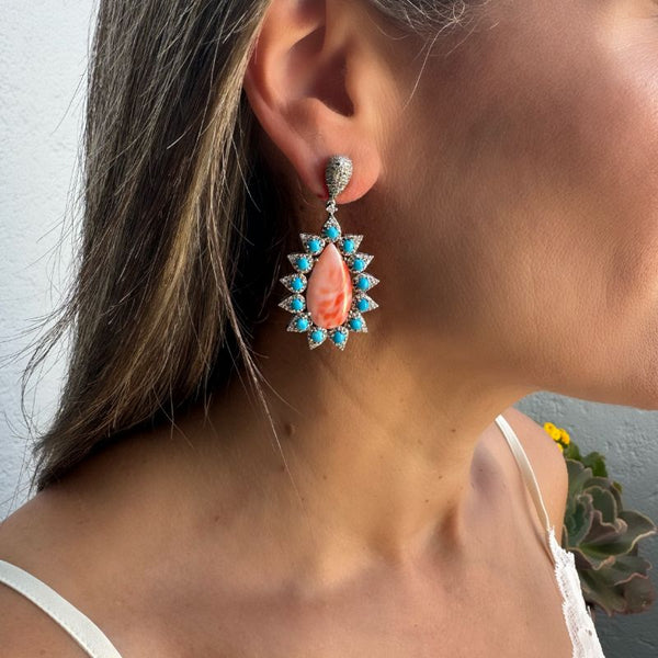 Long Teardrop Pink Coral with Turquoise & Diamond Earrings