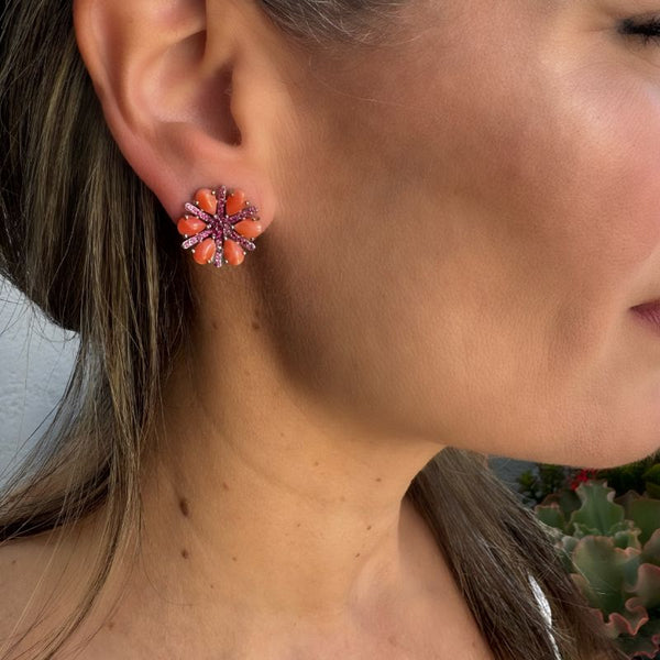 Coral & Ruby Flower Stud Earrings