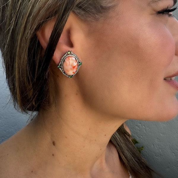 Vintage Style Pink Coral with Diamond & Tsavorite Stud Earrings