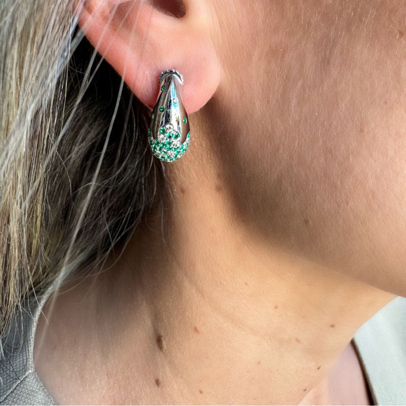 14K White Gold with Emerald & Diamond Bean Drop Earrings