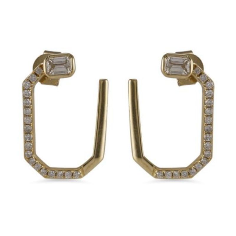 14K Yellow Gold & Diamond Squared Hoop Earrings