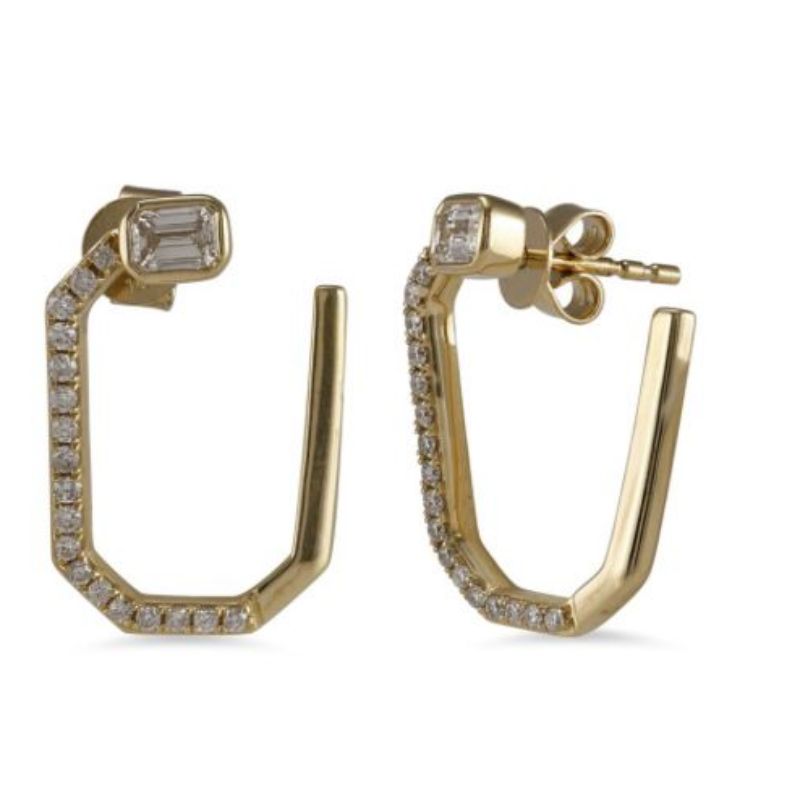 14K Yellow Gold & Diamond Squared Hoop Earrings