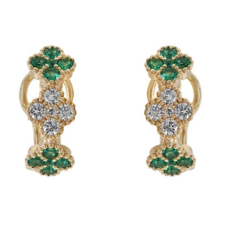 Emerald & Diamond Clover 18K Yellow Gold Earrings