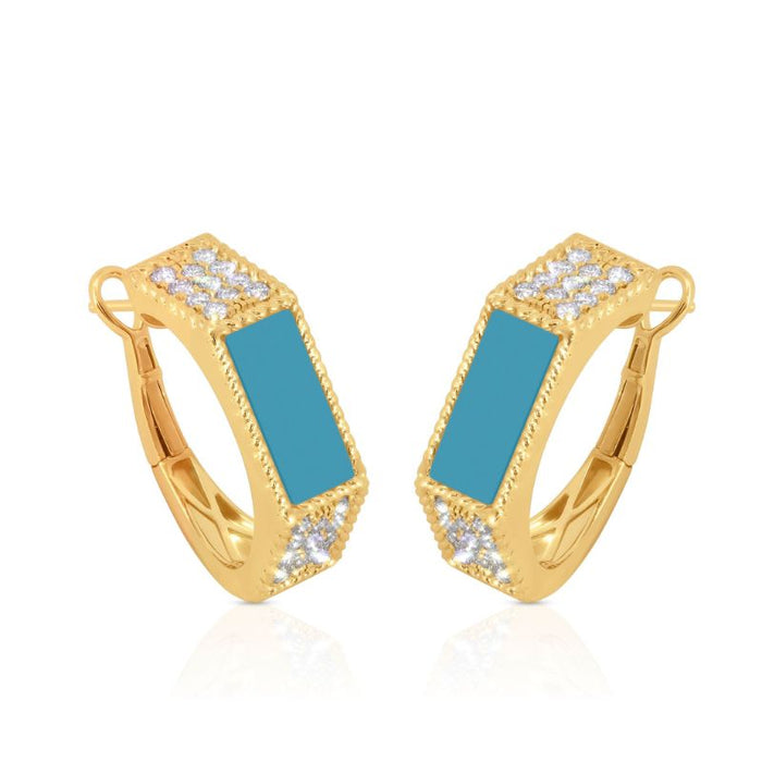 Squared Turquoise with Diamond  & 14K Yellow Gold Earrings