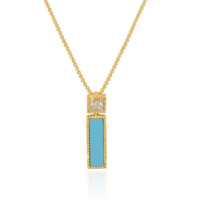 Squared Turquoise with Diamond  & 14K Yellow Gold Necklace