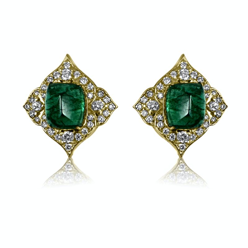 14K Yellow Gold with Emerald & Diamond Stud Earrings