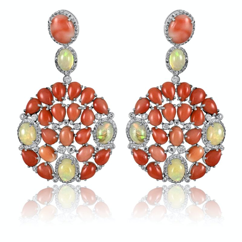 Coral & Opal & Diamond Dangle Earrings