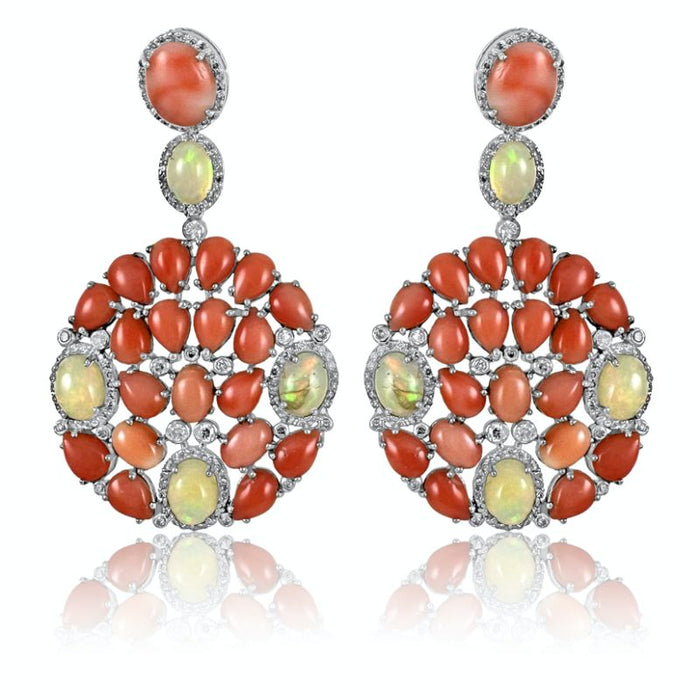 Coral & Opal & Diamond Dangle Earrings