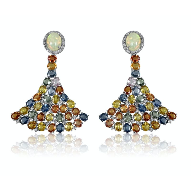 Opal & Multicolor Sapphire Fan Style Earrings