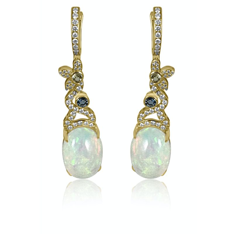 Opal with Diamond & Aquamarine on 14K Yellow Gold Long Earrings