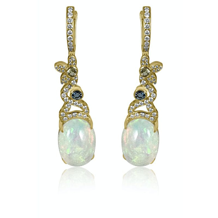 Opal with Diamond & Aquamarine on 14K Yellow Gold Long Earrings