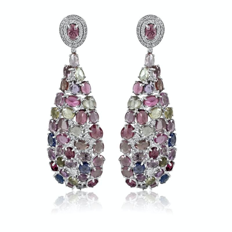 Multi Sapphire with Diamond Oval Drop Earrings