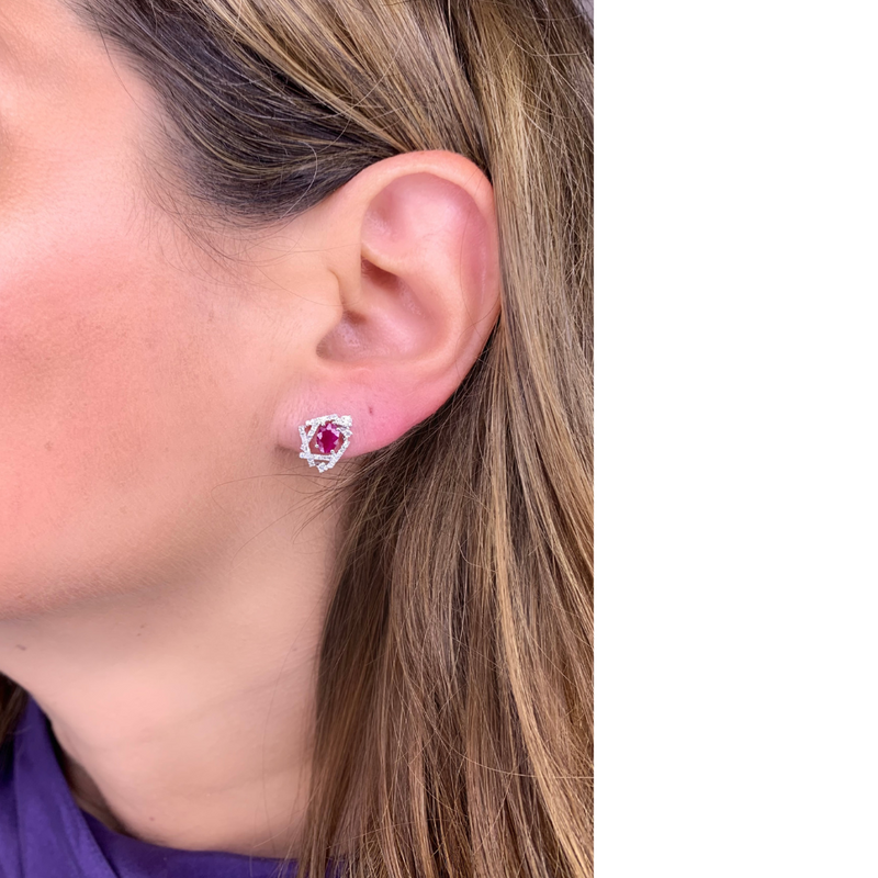 14K White Gold Ruby & Diamond Geometric Studs