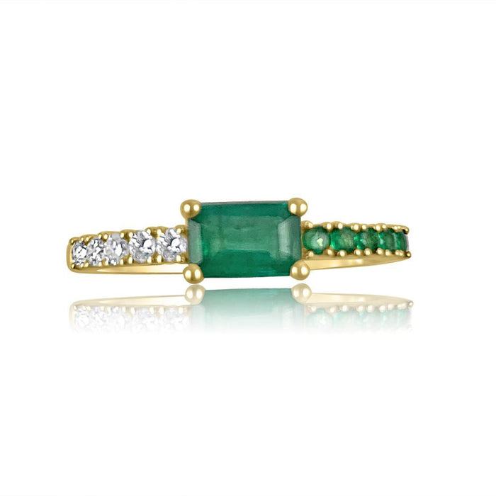 Emerald & Diamond Ring  Diamonds: 0.20 ct Emeralds: 0.59 ct 14K Yellow Gold weight: 2.40 grams