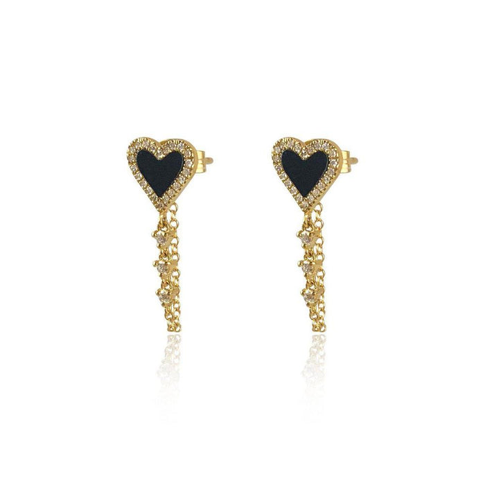 14K Yellow Gold Onyx Heart Dangling Chain Diamonds Earrings - Adriana Fine Jewelry