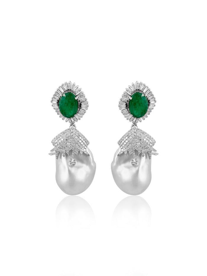 Baroque Pearl with Emerald & Diamond Baguettes Earrings  Diamonds: 4.50 ct Emerald: 4.66 ct Pearl Barroque: 88.20 ct Silver with Rhodium Plated weight: 10.15 grams Gold Post: 0.15 grams